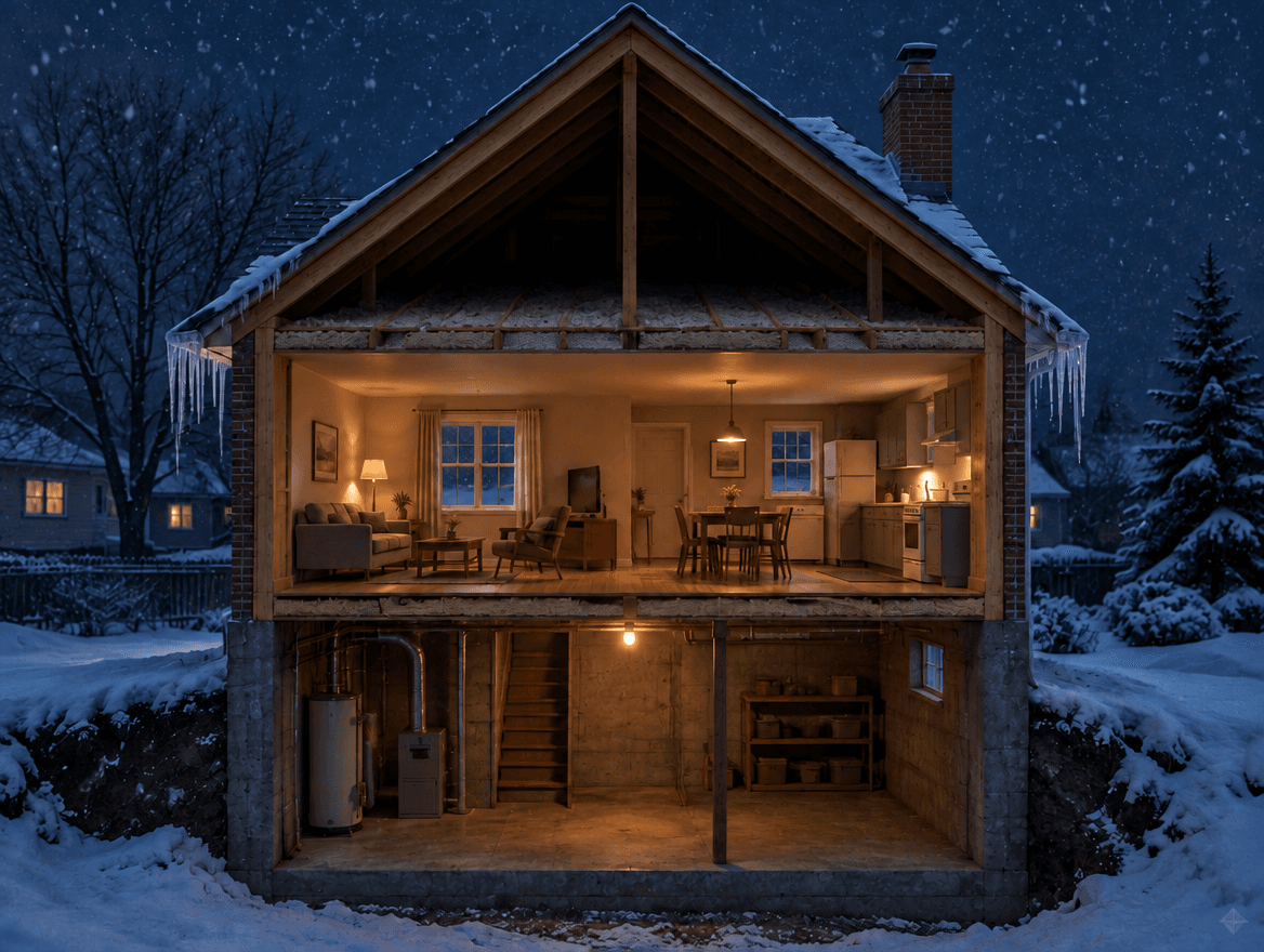Coupe d’une maison un soir d’hiver : l’entretoit n’est isolé qu’au tiers, la neige fond par plaques sur le toit et des glaçons pendent aux avant-toits
