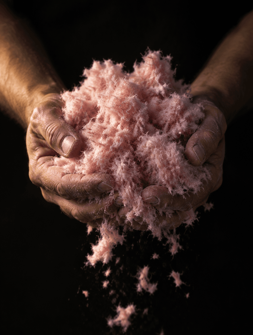 Deux mains tenant une poignée de fibre de verre soufflée rose, des fibres tombant entre les doigts