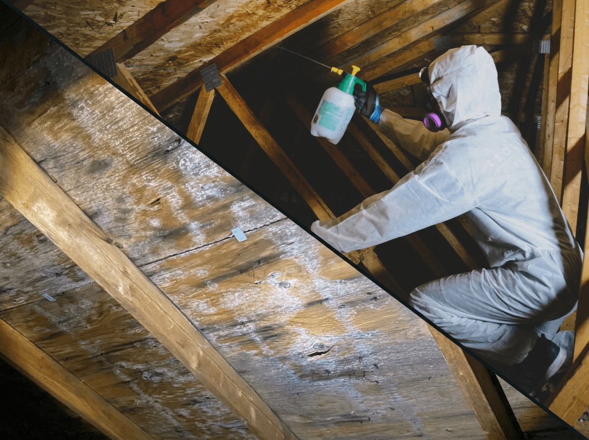 Technicien en combinaison traitant des moisissures dans un entretoit